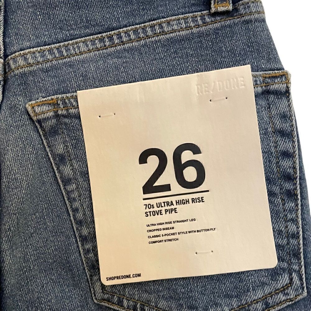 Re/Done NWT 70’s Ultra High Rise Stove Pipe Vintage Indigo Destroyed Stretch 26 - Picture 9 of 14